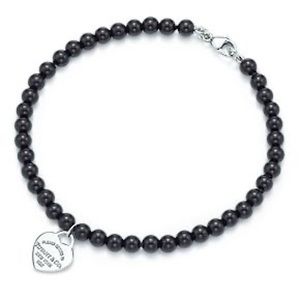 Tiffany sterling silver black onyx 4mm return to bead heart tag bracelet
